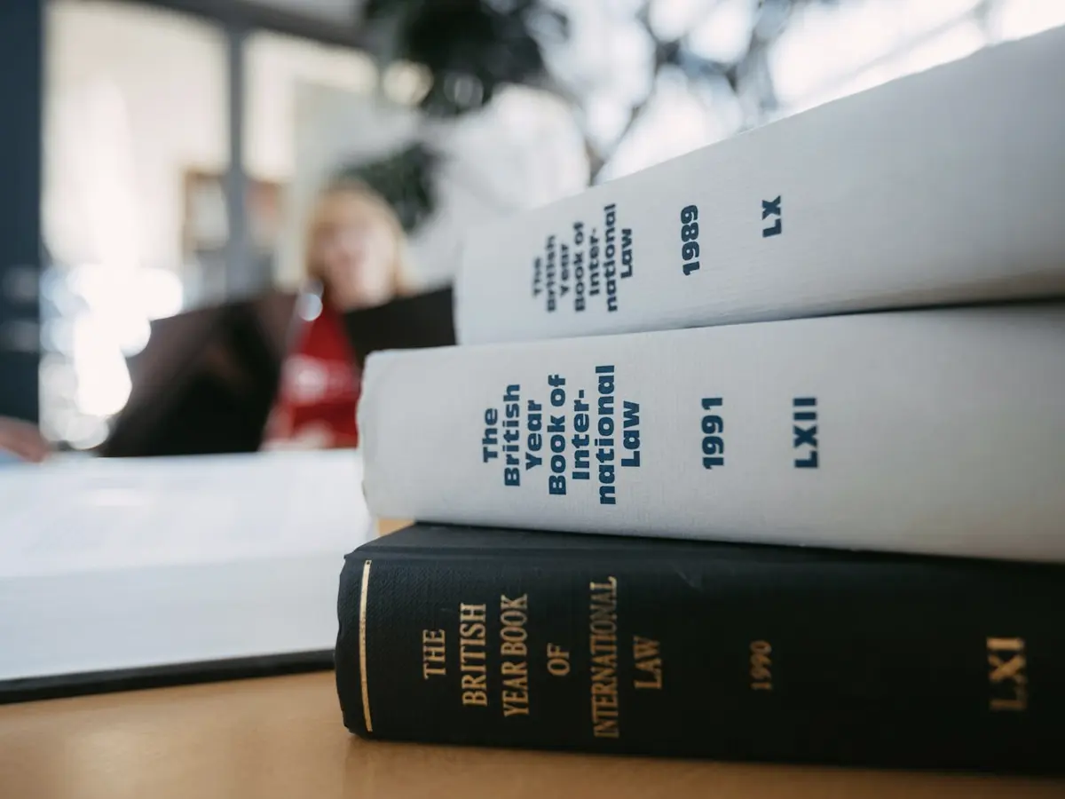 Law books stacked on a desk